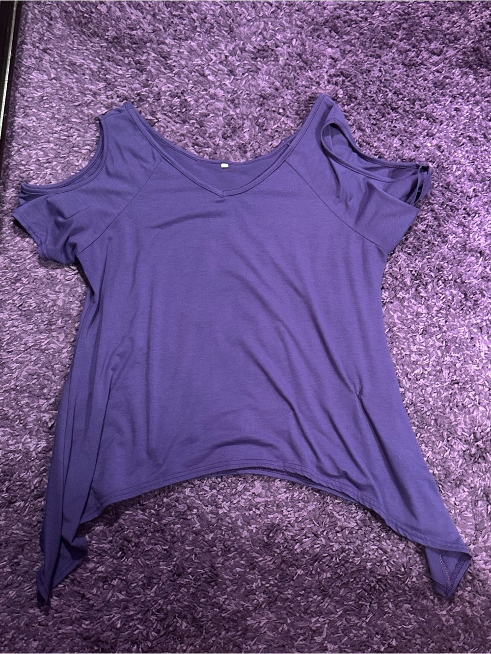 Women's Dark Purple Cold-Shoulder V-Neck Top with Longer Sides